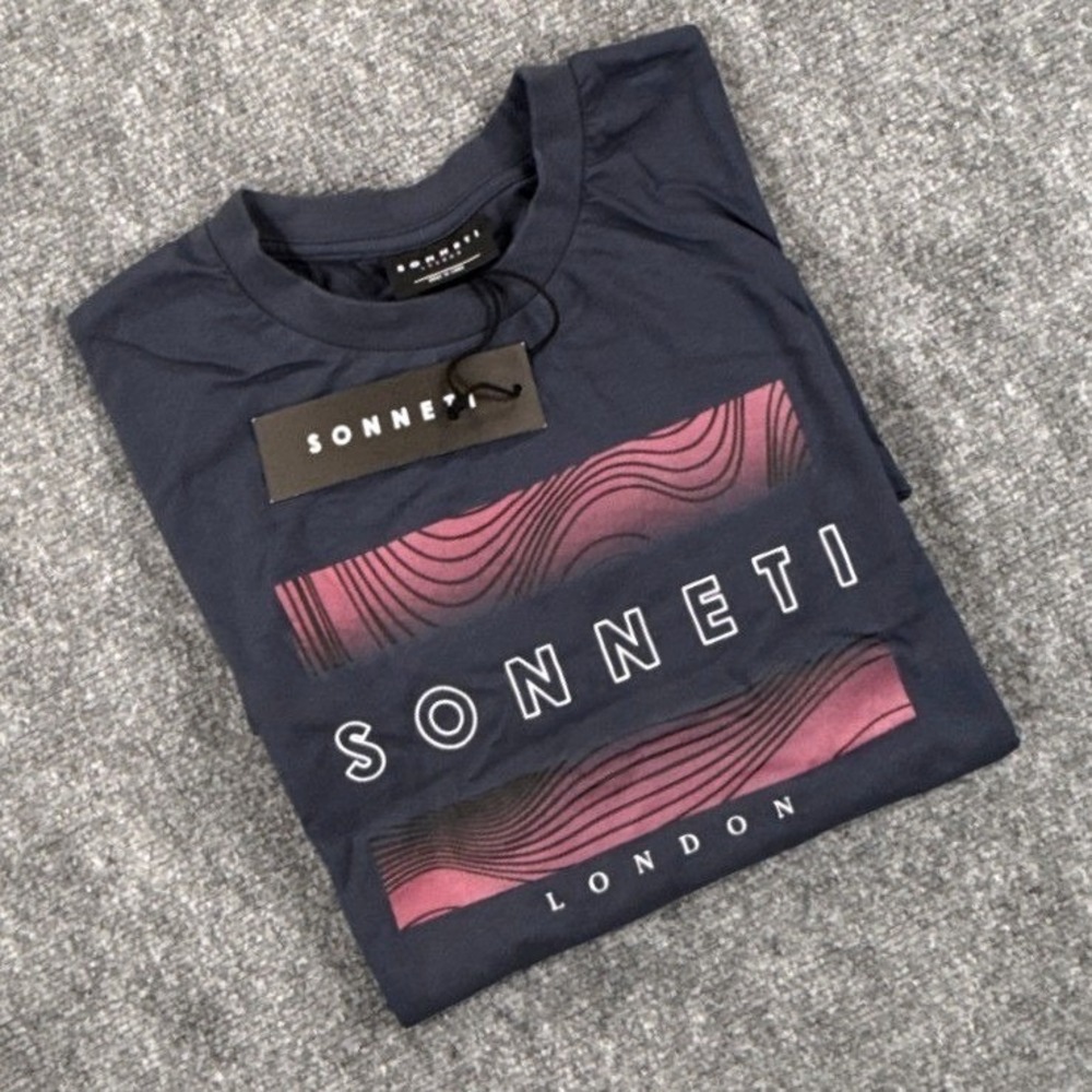 Sonneti London Mens Large Navy Pink Crew Neck Short Sleeve Graphic T Shirt NWT